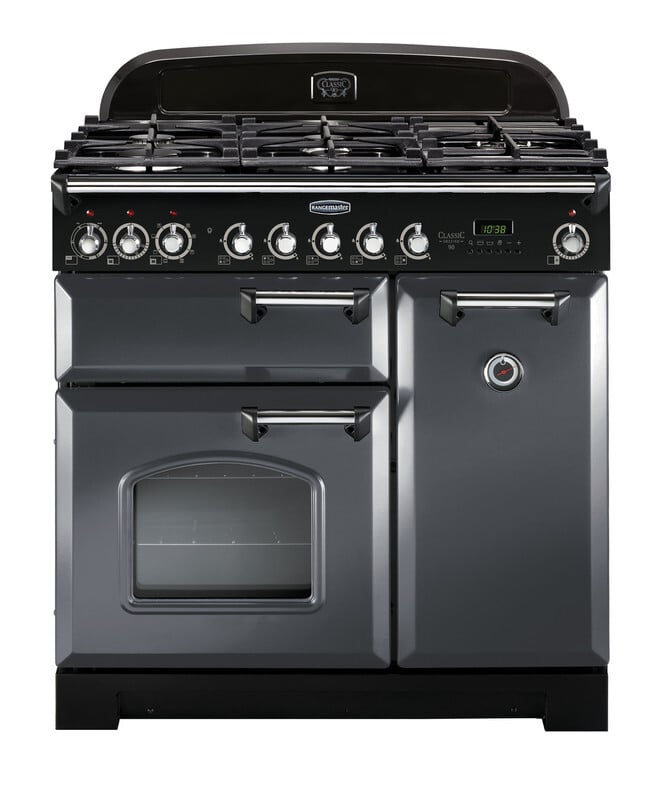 Rangemaster CDL90DFFSL/C 90cm Dual Fuel Range Cooker Classic Deluxe Slate / Chrome, A Rated #399050