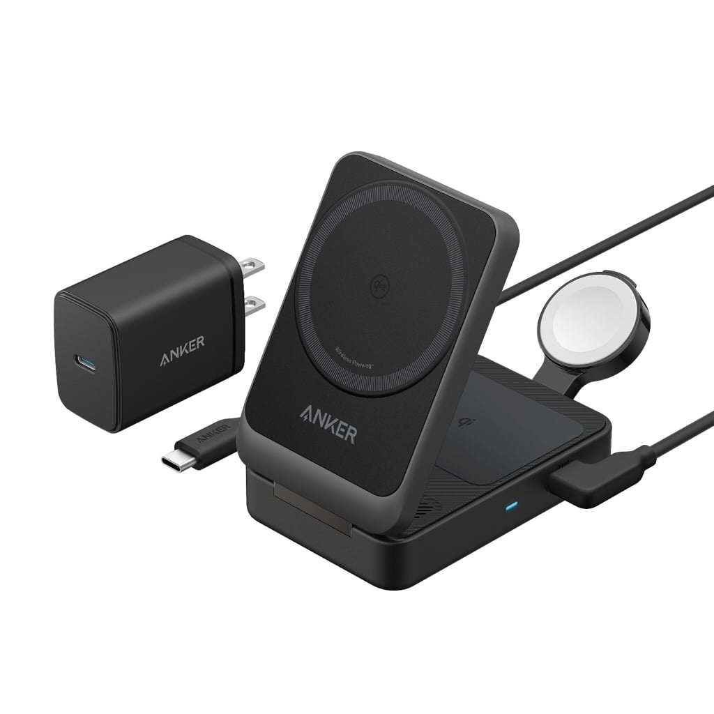 Anker MagGo 3-in-1 Folding Wireless Charging Station 40 Watt MagGo Wireless Charging Station (Foldable 3-in-1) for iPhone 12 and Above, Apple Watch 7 and Above, AirPods (With Wireless Charging Case) And More – Black #398238
