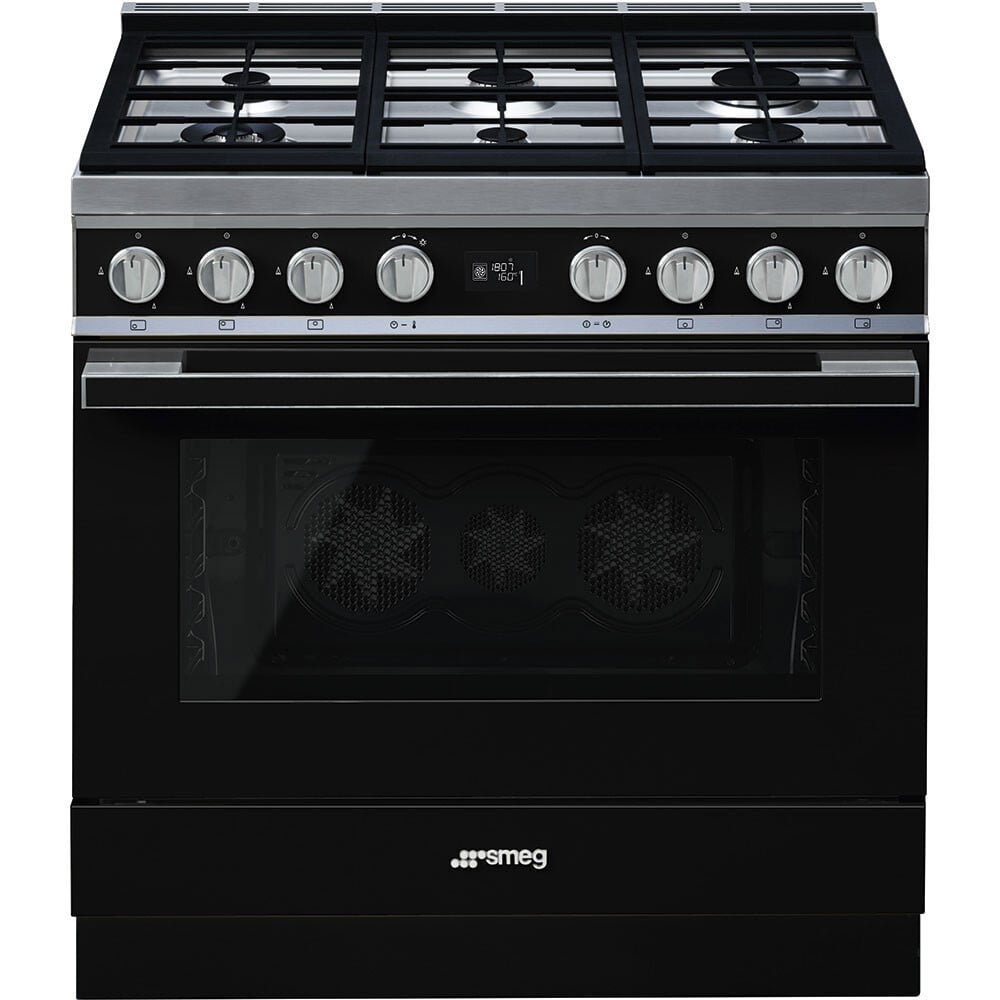 Smeg Portofino CPF9GPBL 90cm wide Dual Fuel Range Cooker with Gas Hob and Pyrolytic Cleaning – Black – A+ Rated #401015
