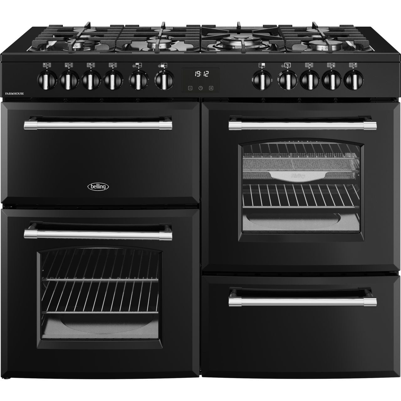 Belling Farmhouse 110DF 110cm wide Dual Fuel Range Cooker with Gas Hob – Black – A Rated #403235