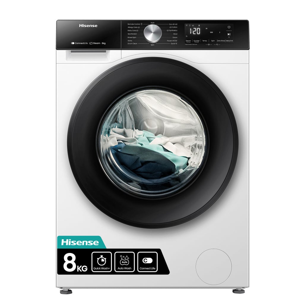 Hisense 3S Series WF3S8043BW 8kg WiFi Connected Washing Machine with 1400 rpm – White – A Rated #406027