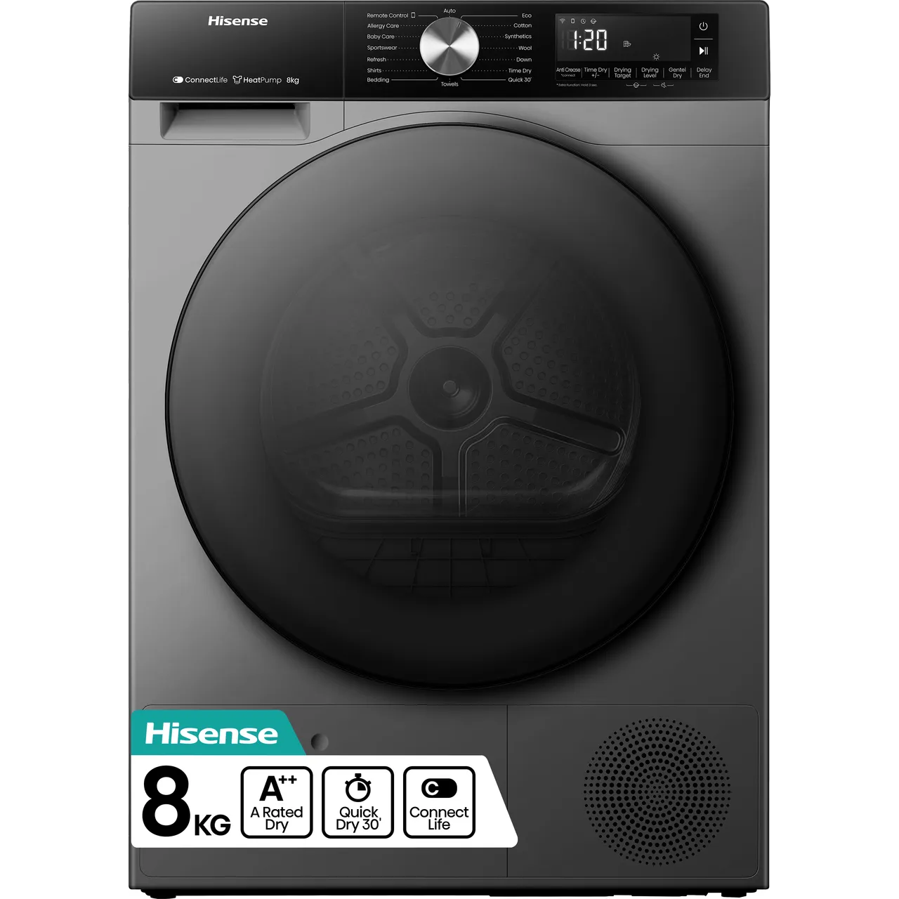 Hisense 3S Series DH3S802BT2 Wifi Connected 8Kg Heat Pump Tumble Dryer – Titanium – A++ Rated #405123