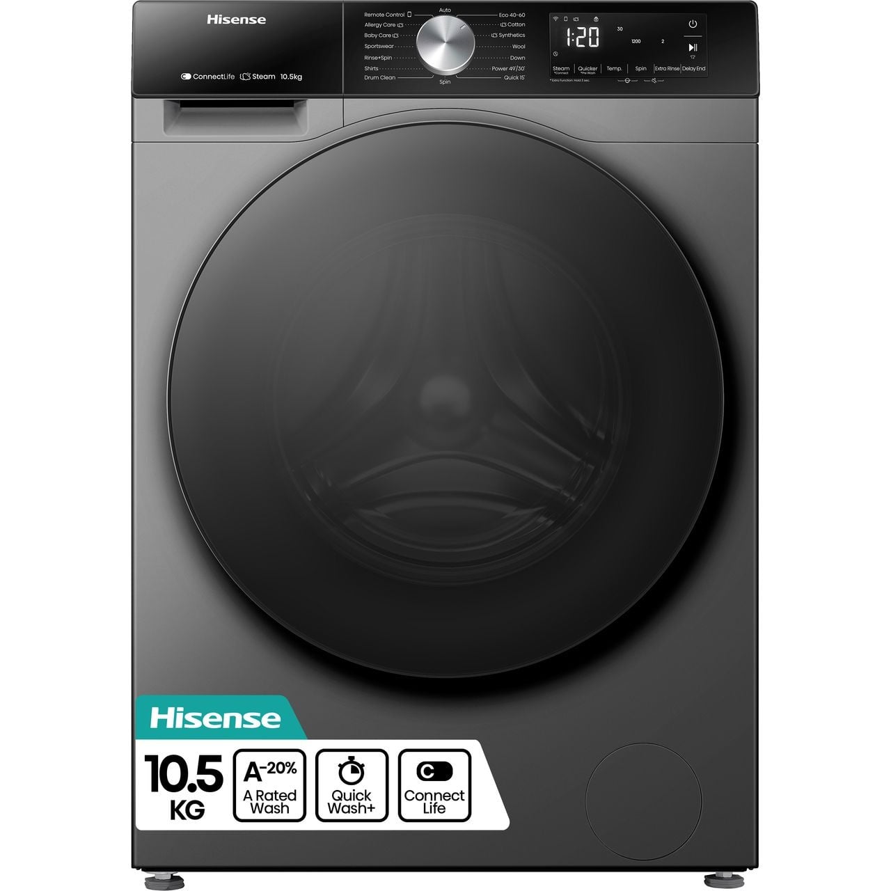 Hisense 3S Series WF3S1043BT3 10.5kg WiFi Connected Washing Machine with 1400 rpm – Titanium – A Rated #405136
