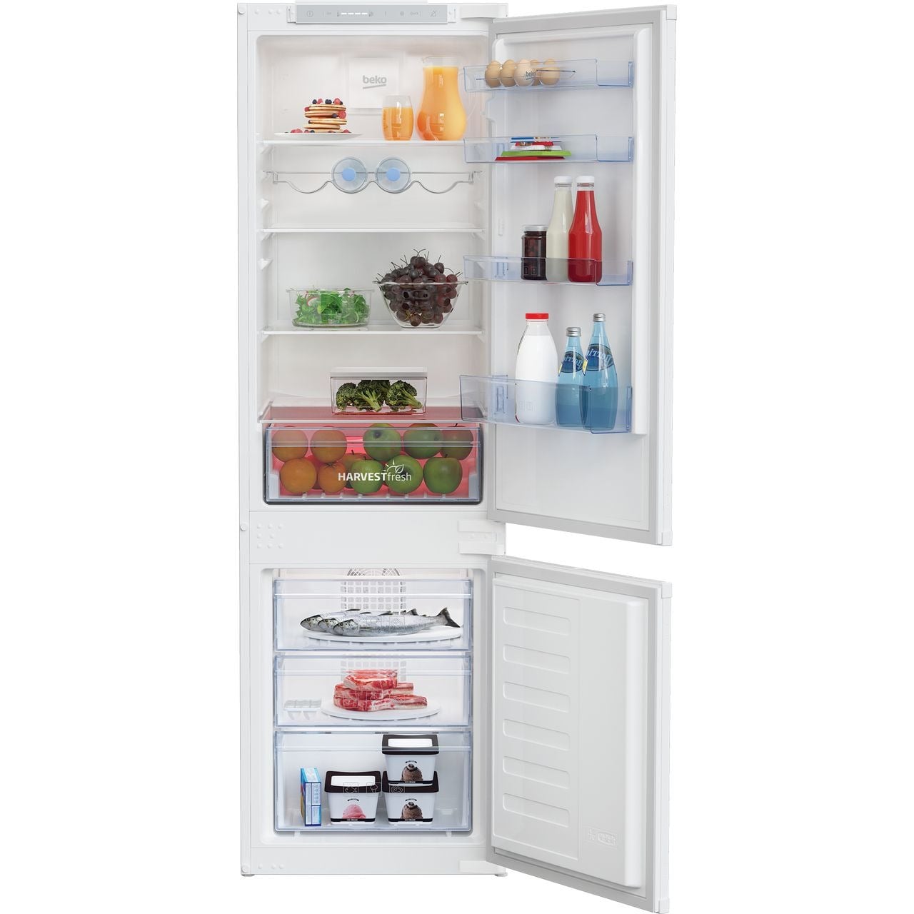 Beko HarvestFresh™ BCFD4V73 178cm 70/30 Integrated Frost Free Fridge Freezer with Sliding Door Hinge – White – E Rated #404726