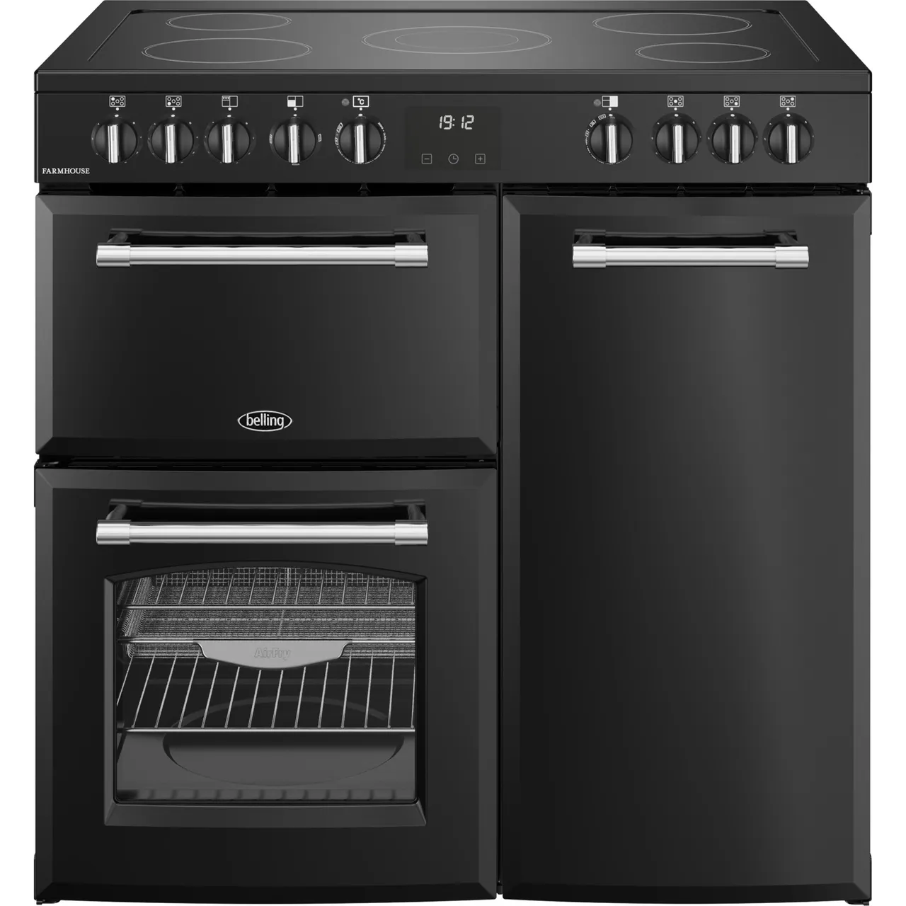 Belling Farmhouse 90E 90cm wide Electric Range Cooker with Ceramic Hob – Black – A/A Rated #405401