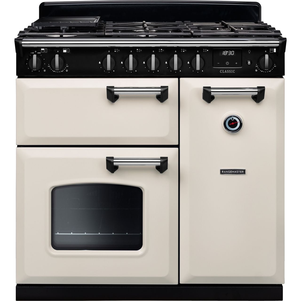 Rangemaster Classic CL90DFPPCR/CM1 90cm wide Dual Fuel Range Cooker with Gas Hob – Cream / Chrome – A/A Rated #404995