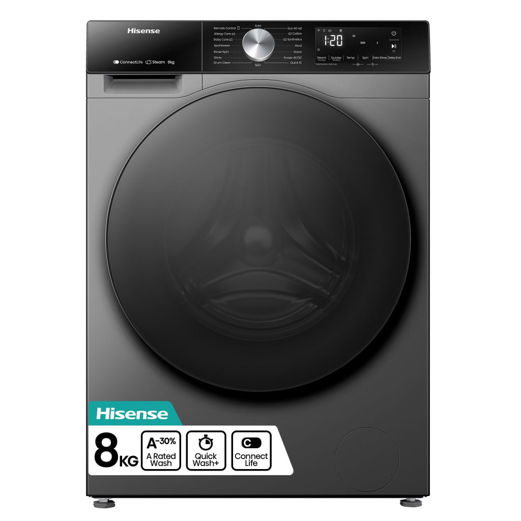 Hisense 3S Series WF3S8043BT3 8kg WiFi Connected Washing Machine with 1400 rpm – Titanium – A Rated #406326