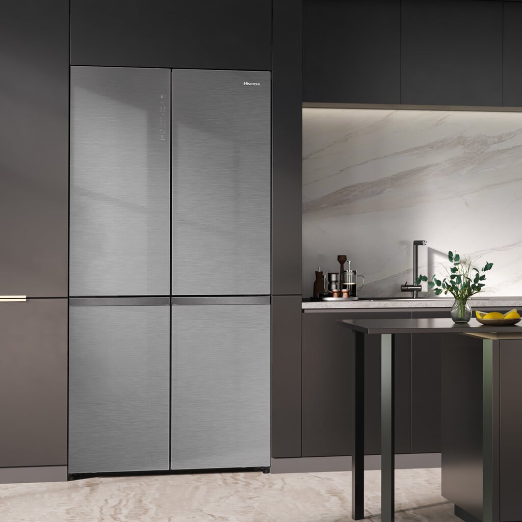 Hisense KitchenFit RQ768N4GVE Total No Frost Multi-door American Fridge Freezer – Silver Glass – E Rated #409290