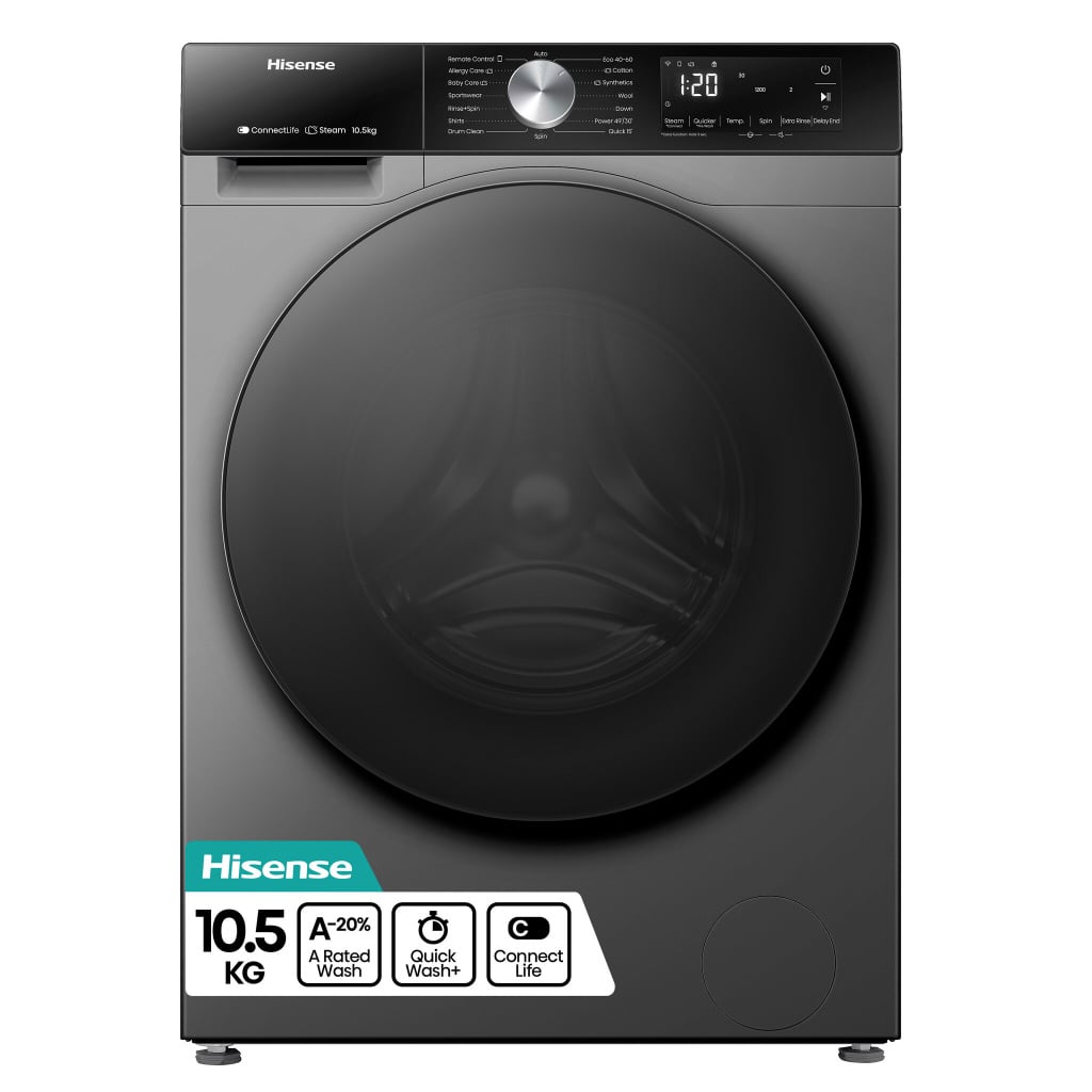 Hisense 3S Series WF3S1043BT3 10.5kg WiFi Connected Washing Machine with 1400 rpm – Titanium – A Rated #408140