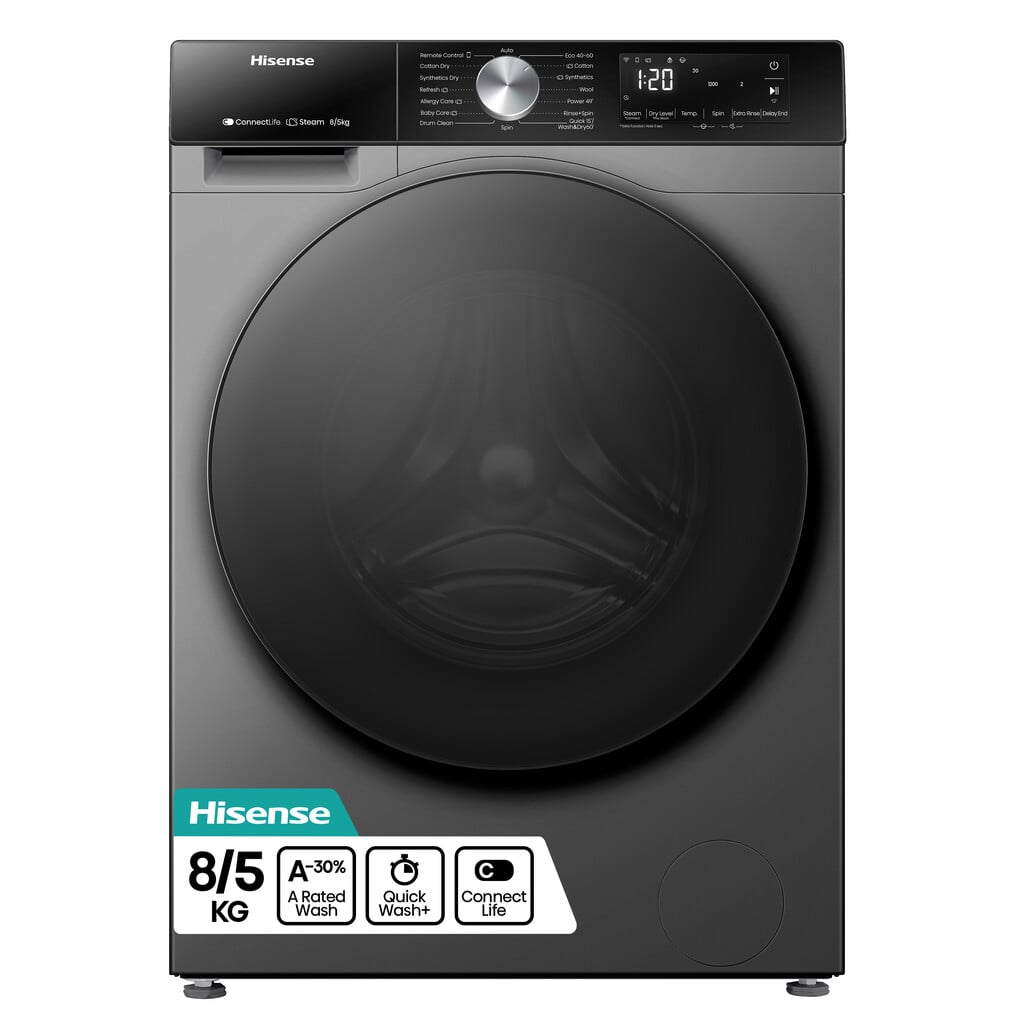Hisense 3S Series WD3S8043BT3 Wifi Connected 8Kg / 5Kg Washer Dryer with 1400 rpm – Titanium – D Rated [Wash&Dry], A Rated [Wash Only] #409098