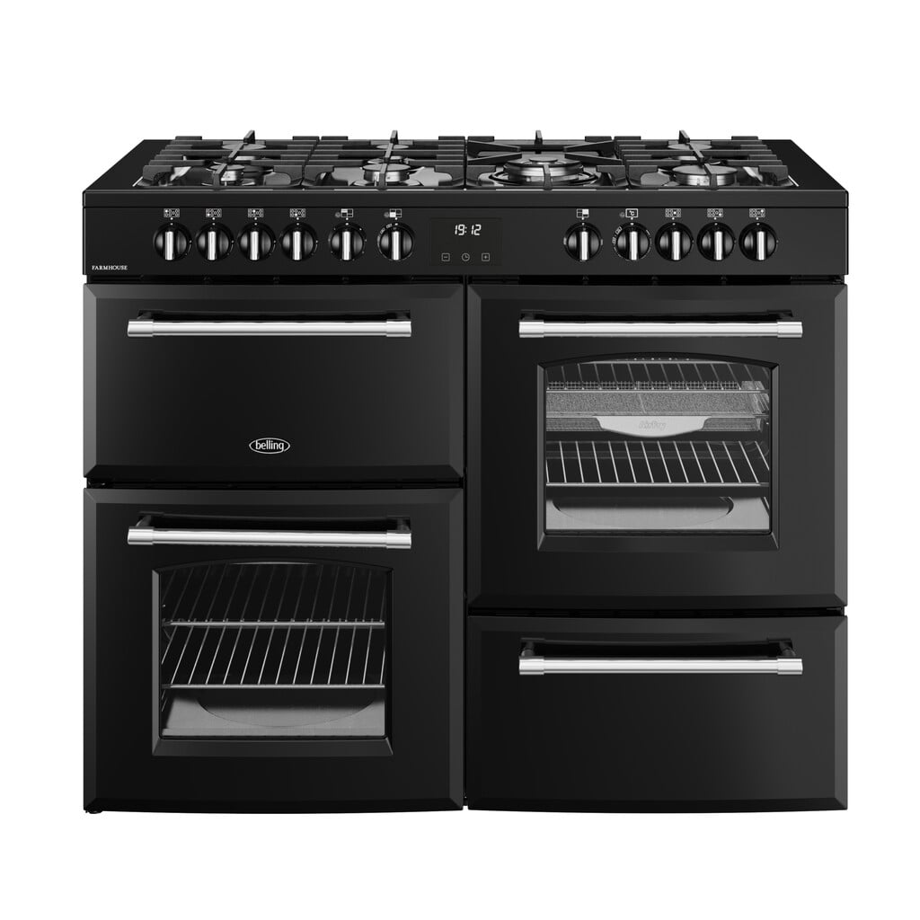 Belling Farmhouse 110DF 110cm wide Dual Fuel Range Cooker with Gas Hob – Black – A Rated #403235