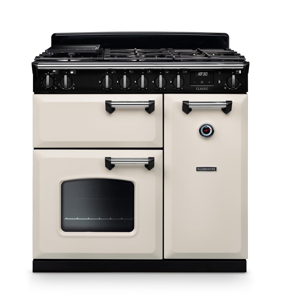 Rangemaster Classic CL90DFPPCR/CM1 90cm wide Dual Fuel Range Cooker with Gas Hob – Cream / Chrome – A/A Rated #404995