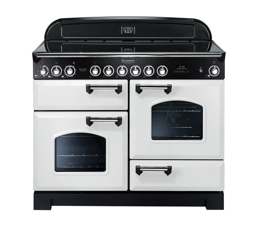 Rangemaster Classic Deluxe CDL110ECWH/C 110cm wide Electric Range Cooker with Ceramic Hob – White / Chrome – A/A Rated #407302