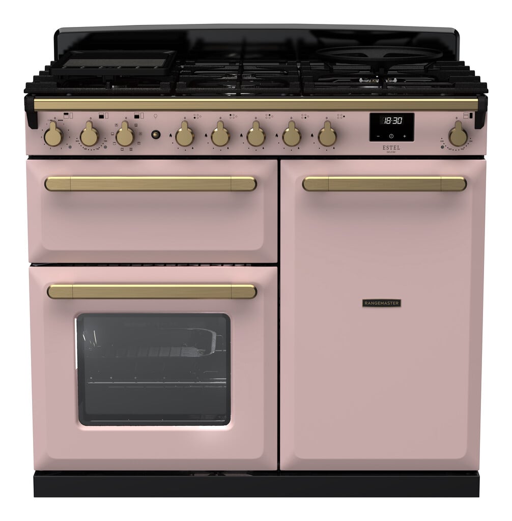 Rangemaster Estel Deluxe ESDL100DFPPPK/AB1 100cm wide Dual Fuel Range Cooker with Gas Hob – Pale Pink / Antique Brass – A/A Rated #405997