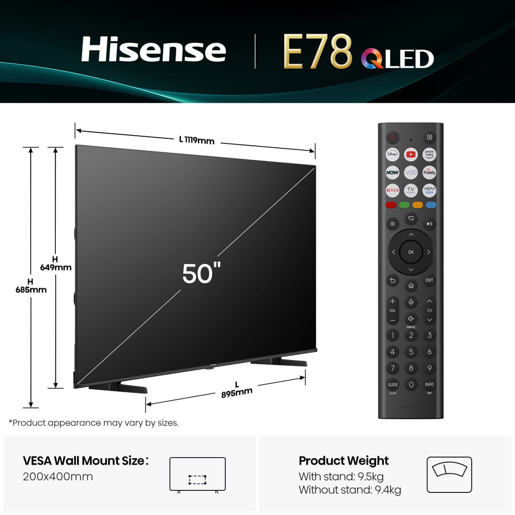 Hisense 50″ 4K Ultra HD QLED Smart TV – 50E78QTUK #408594