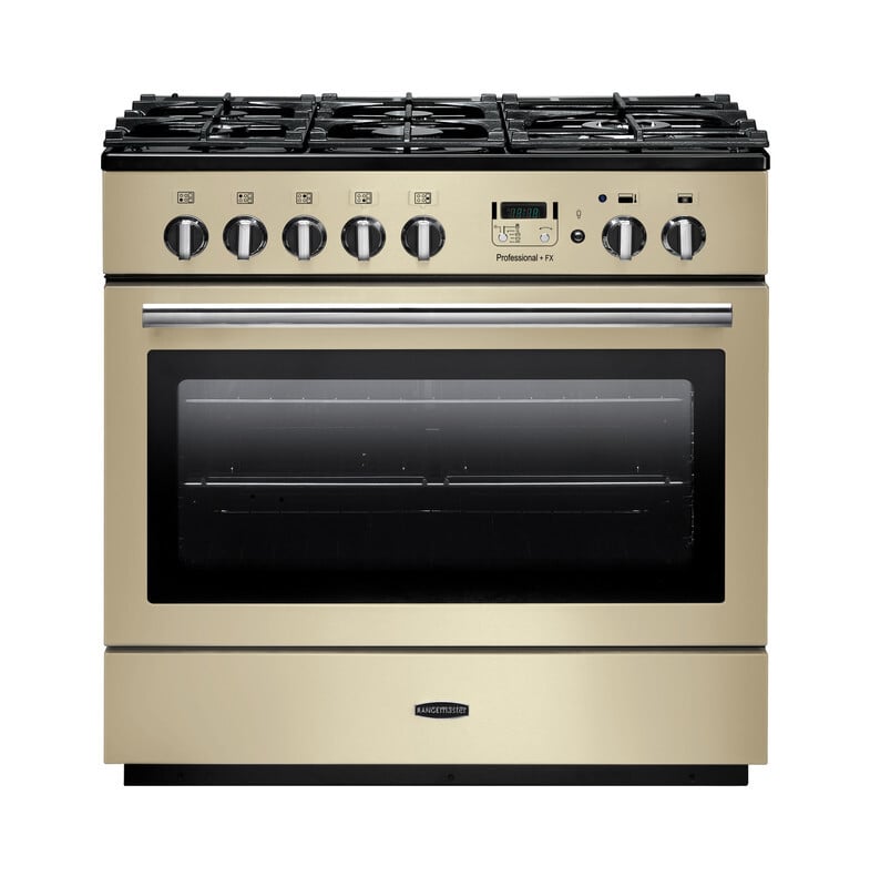 Rangemaster Professional Plus FX PROP90FXDFFCR/C 90cm wide Dual Fuel Range Cooker with Gas Hob – Cream / Chrome – A Rated #409256