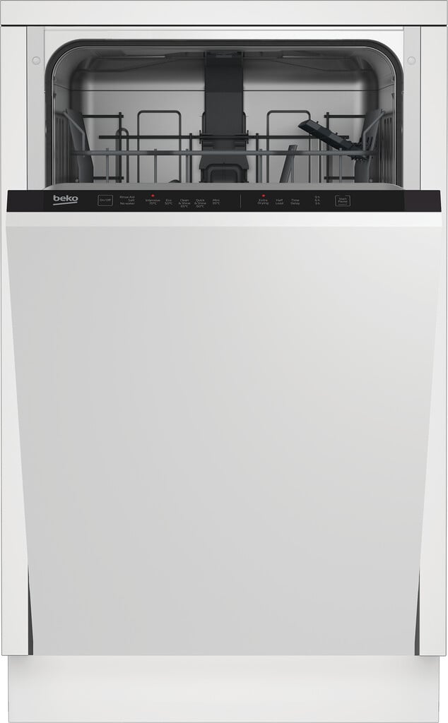 Beko DIS15020 Fully Integrated Slimline Dishwasher – Black Control Panel with Fixed Door Hinge Kit – E Rated #411297
