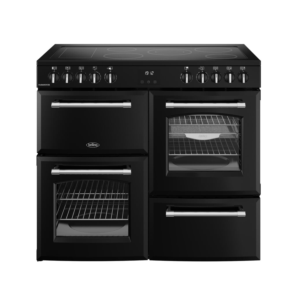 Belling Farmhouse 100E 100cm wide Electric Range Cooker with Ceramic Hob – Black – A/A Rated #411291