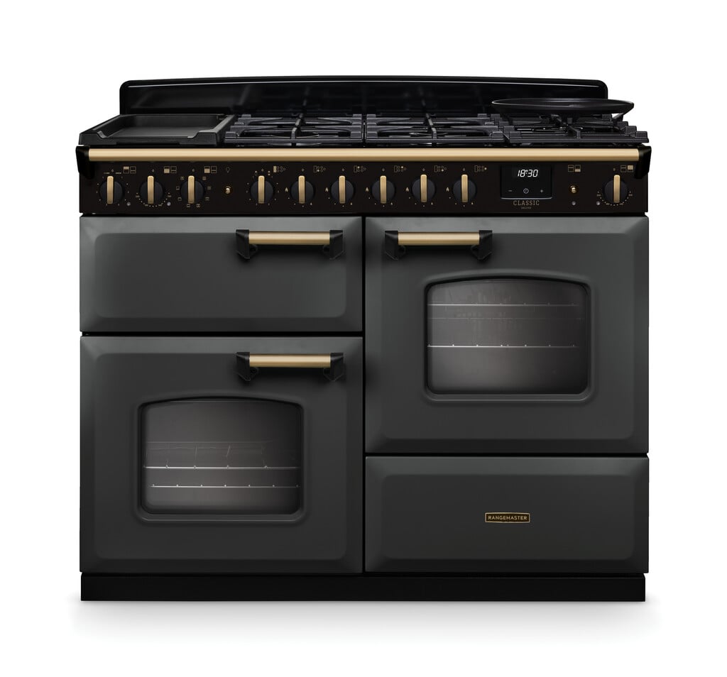 Rangemaster Classic Deluxe 110 CLDLO110DFPSLT/AB1 110cm wide Dual Fuel Range Cooker with Gas Hob – Slate / Antique Brass – A Rated #406047