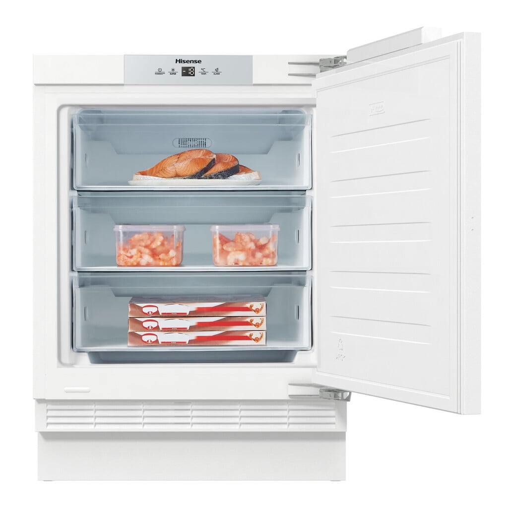 Hisense FUV124D4AWE Integrated Under Counter Freezer with Fixed Door Hinge Kit – E Rated #410128