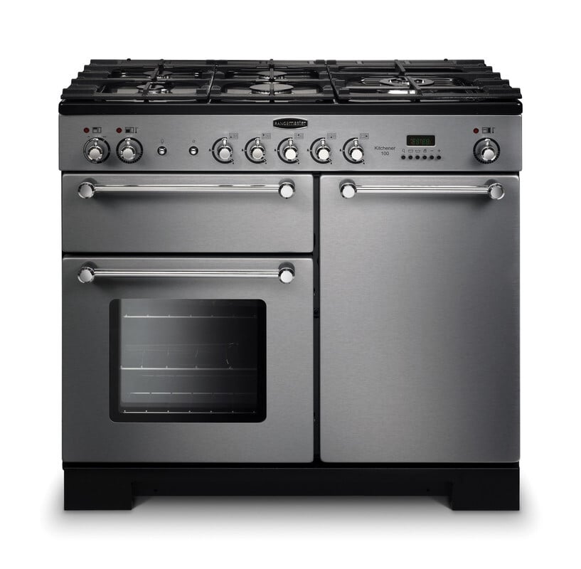 Rangemaster Kitchener KCH100DFFSS/C 100cm wide Dual Fuel Range Cooker with Gas Hob – Stainless Steel / Chrome – A/A Rated #410906