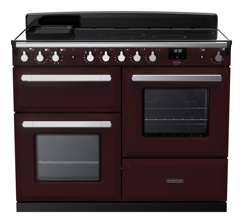 Rangemaster Estel Deluxe ESDLO110EIPBOR/CM1 110cm wide Electric Range Cooker with Induction Hob – Bordeaux / Chrome – A Rated #409469