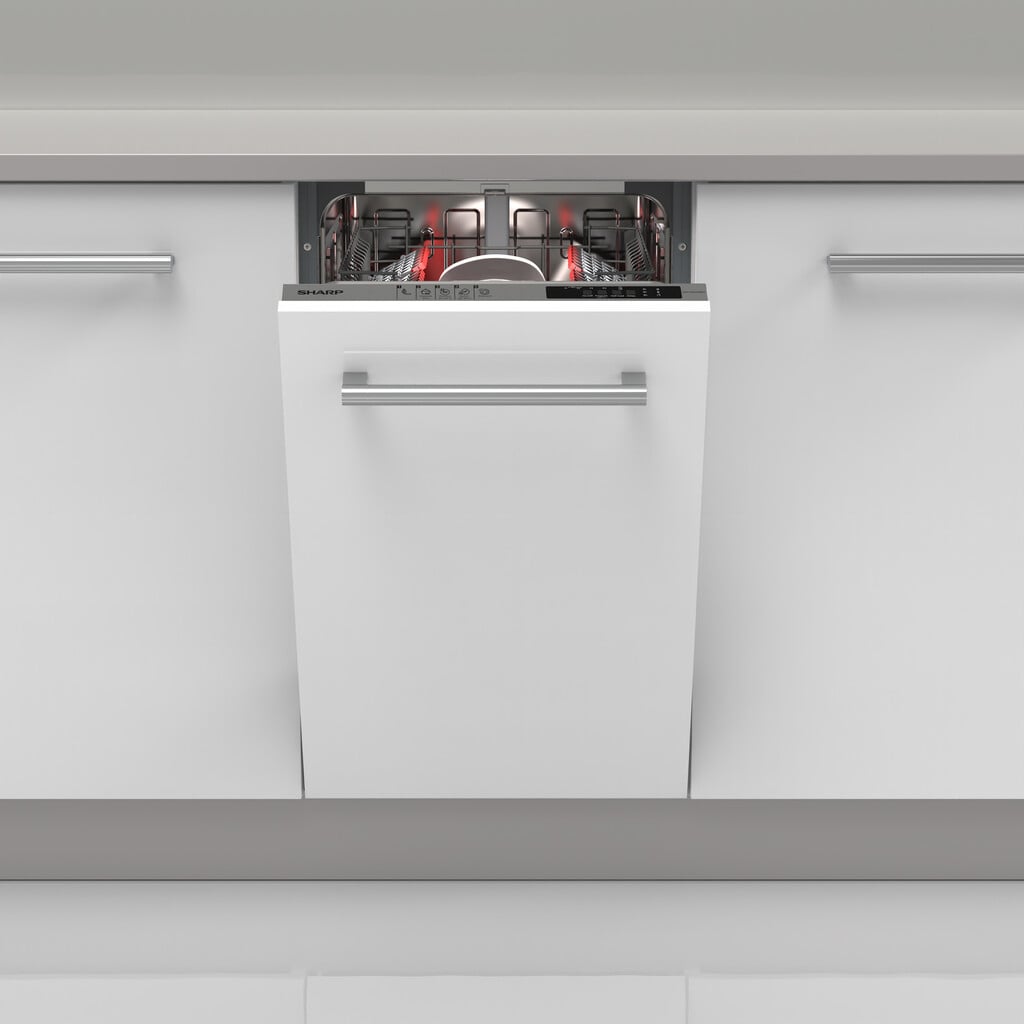 Sharp QW-NS14I49EX-EN Fully Integrated Slimline Dishwasher – Silver Control Panel with Fixed Door Hinge Kit – E Rated #413407