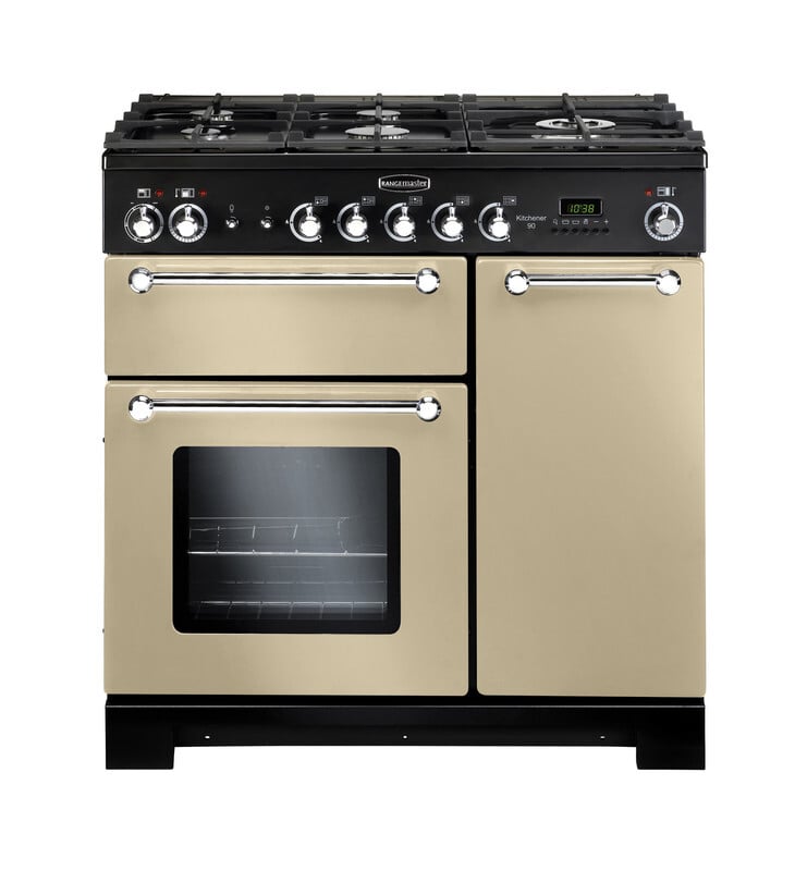 Rangemaster Kitchener KCH90DFFCR/C 90cm wide Dual Fuel Range Cooker with Gas Hob – Cream / Chrome – A/A Rated #411827