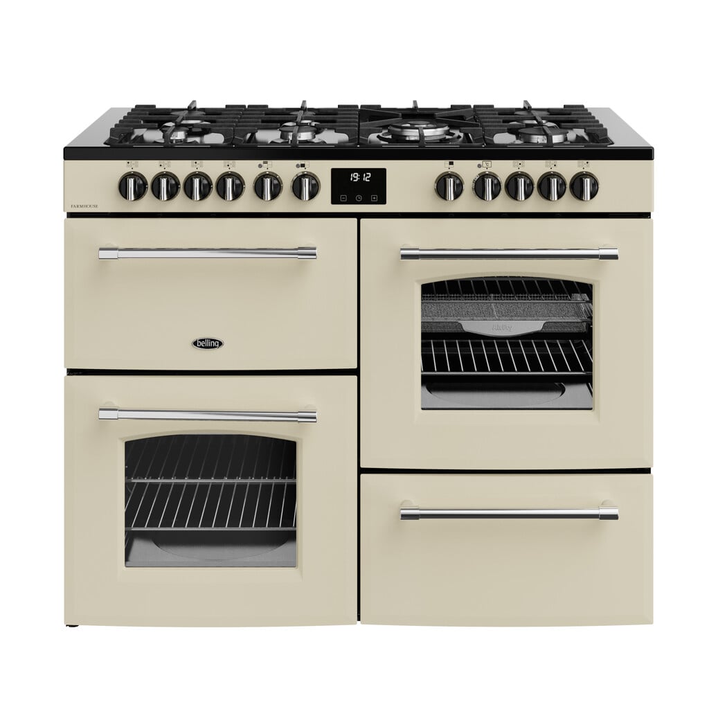 Belling Farmhouse 110DF 110cm wide Dual Fuel Range Cooker with Gas Hob – Cream – A Rated #417590